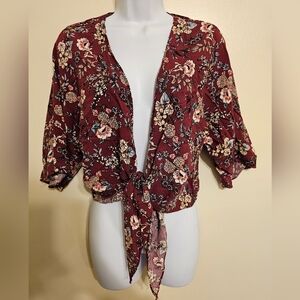 Maroon Floral Print Dark Red Long Sleeve Short Kimono, Medium